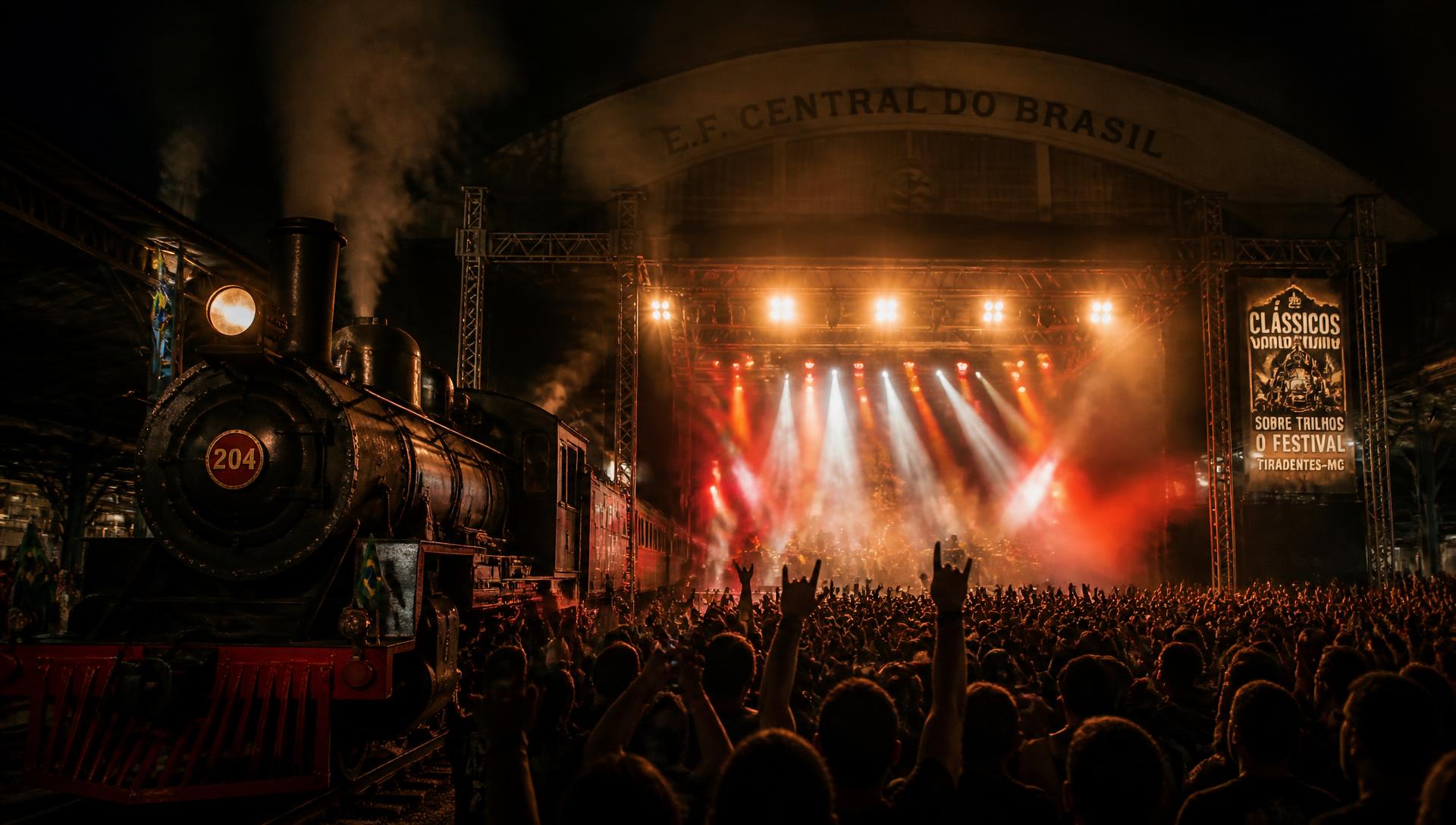 Locomotiva a vapor na Estação Atibaia diante de um palco de rock iluminado