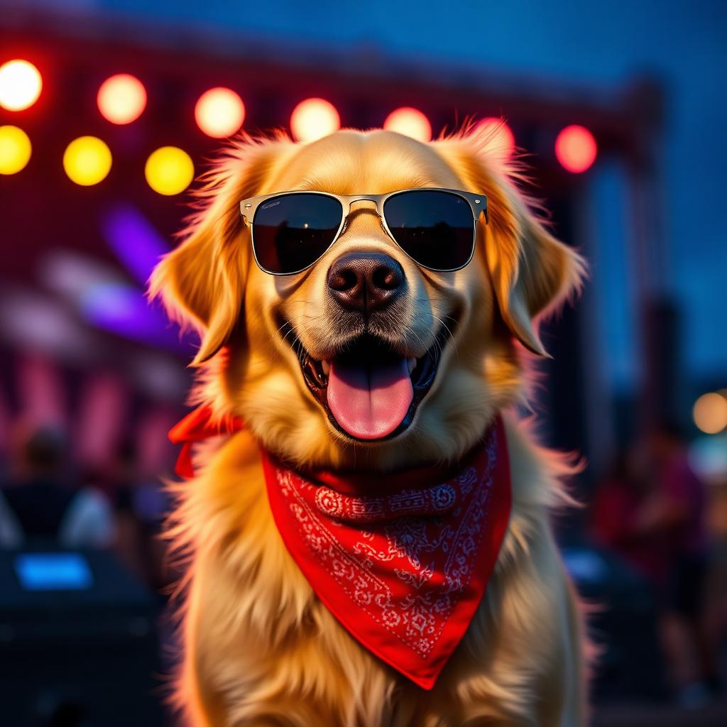 Cachorro com bandana vermelha e óculos escuros curtindo o festival